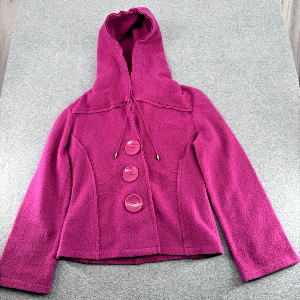 Vintage 1990s Boiled Wool Hooded Jacket Magenta Fuchsia Button Front Small Petit